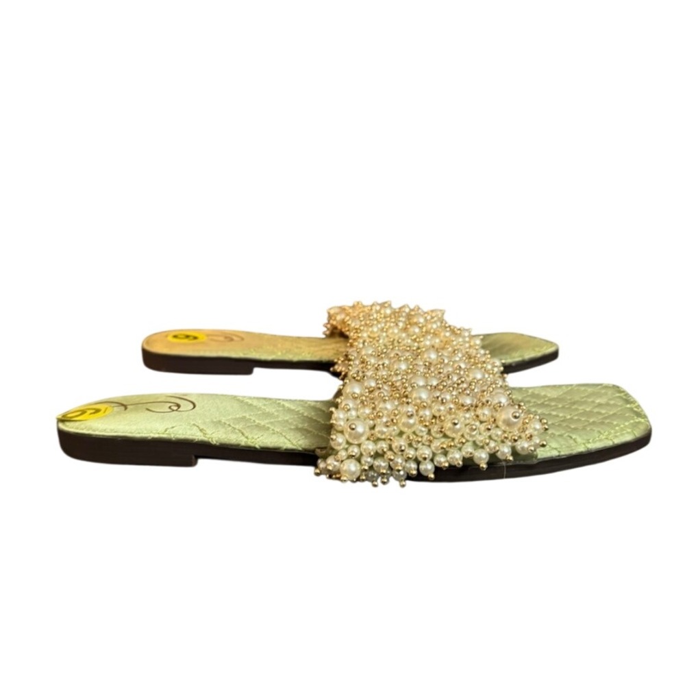 Sam Edelman Sage Green Pearl Embellished Quilted Satin Slide Sandals Size 9